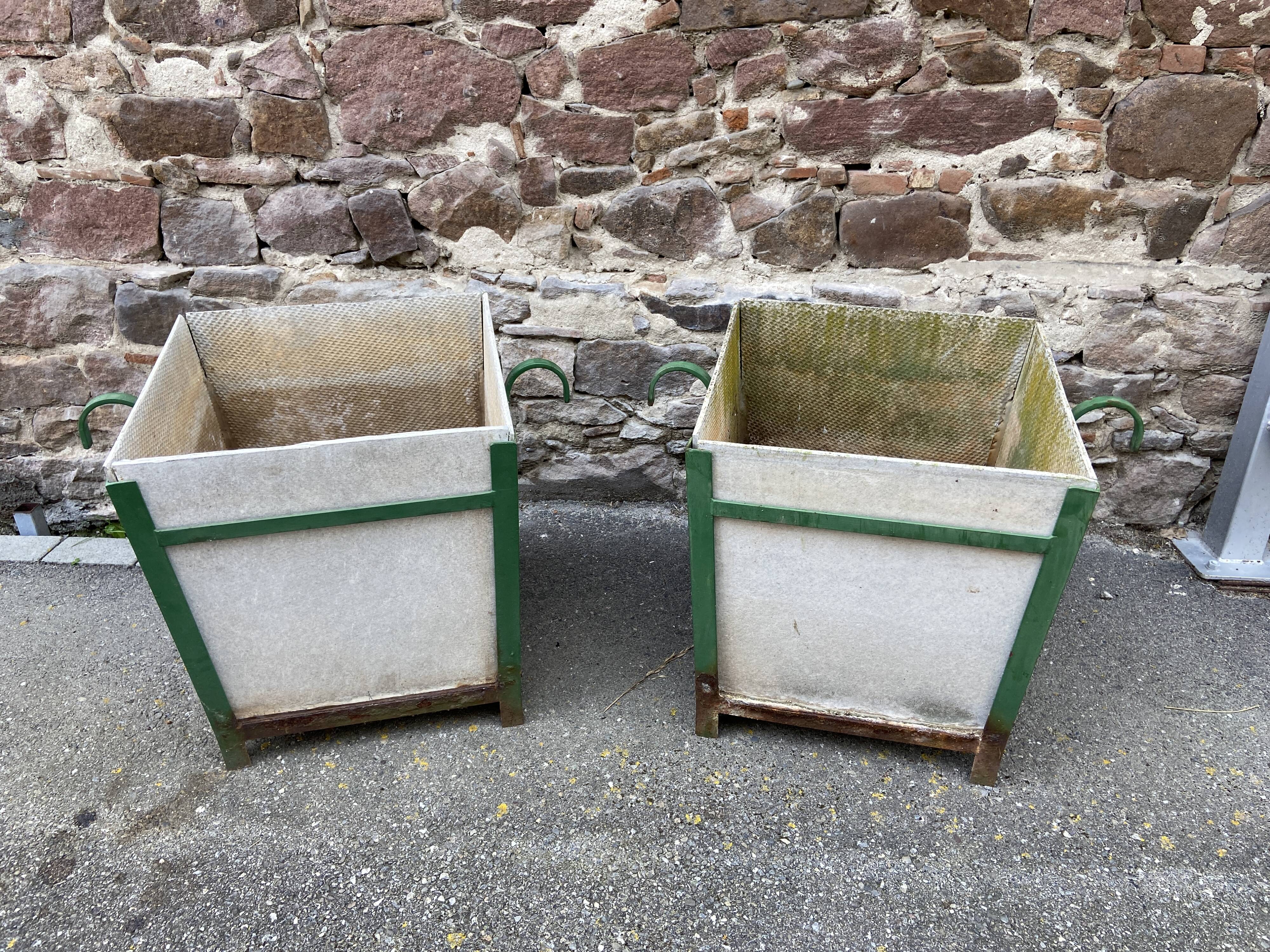 Pair of Large planters in fiber cement and metal 1950 eternit