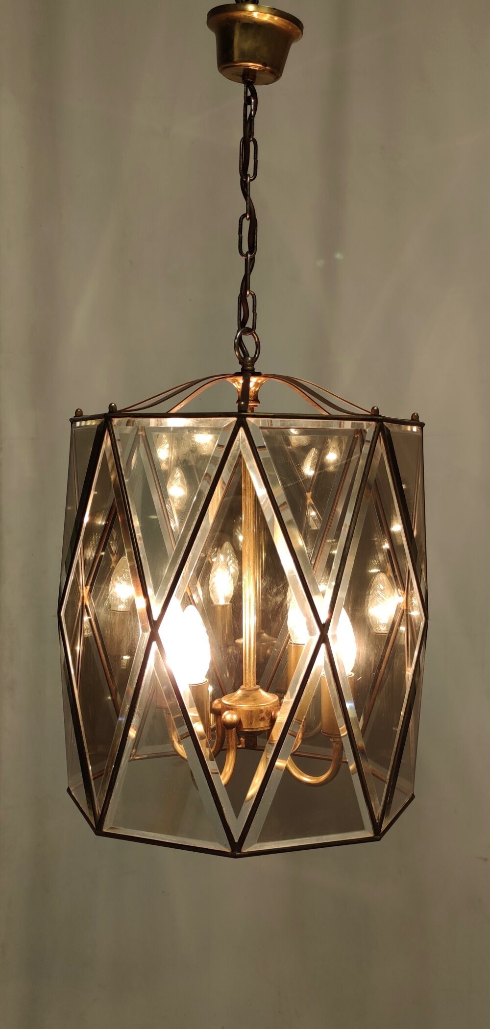 Vintage handmande octagonal glass and brass pendant lantern, Italy