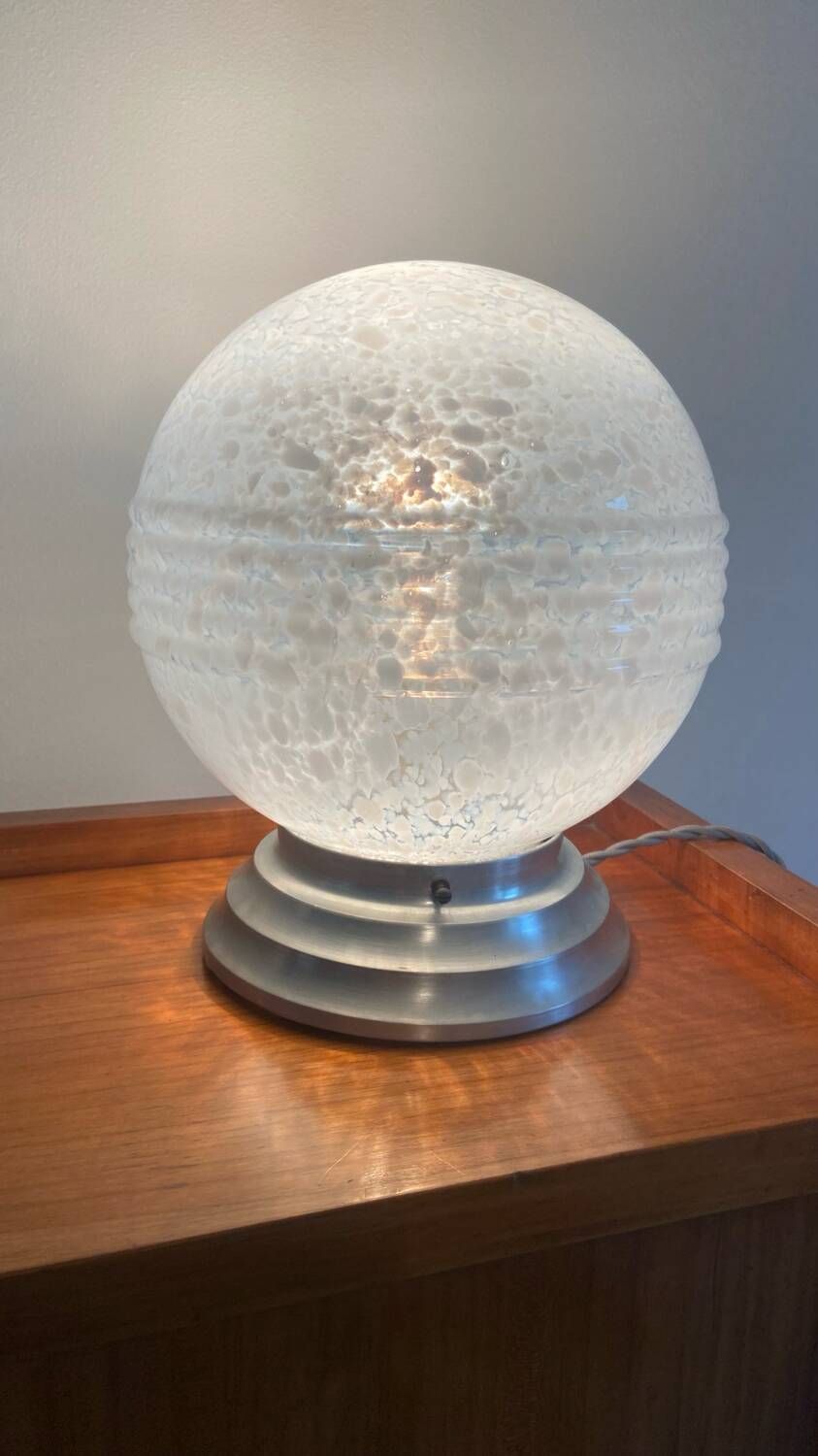 Table ball lamp in Clichy glass and Art Deco aluminum base