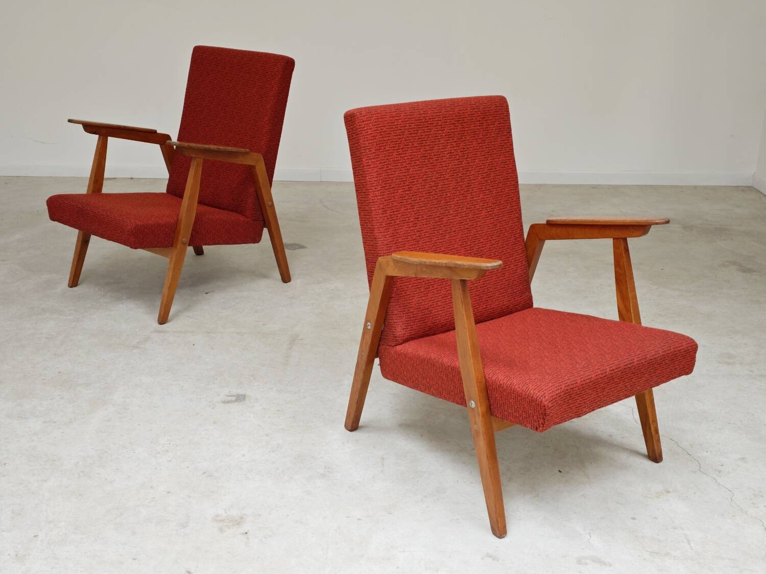 Pair of Uluv red Eastern Bloc armchairs, 1960s