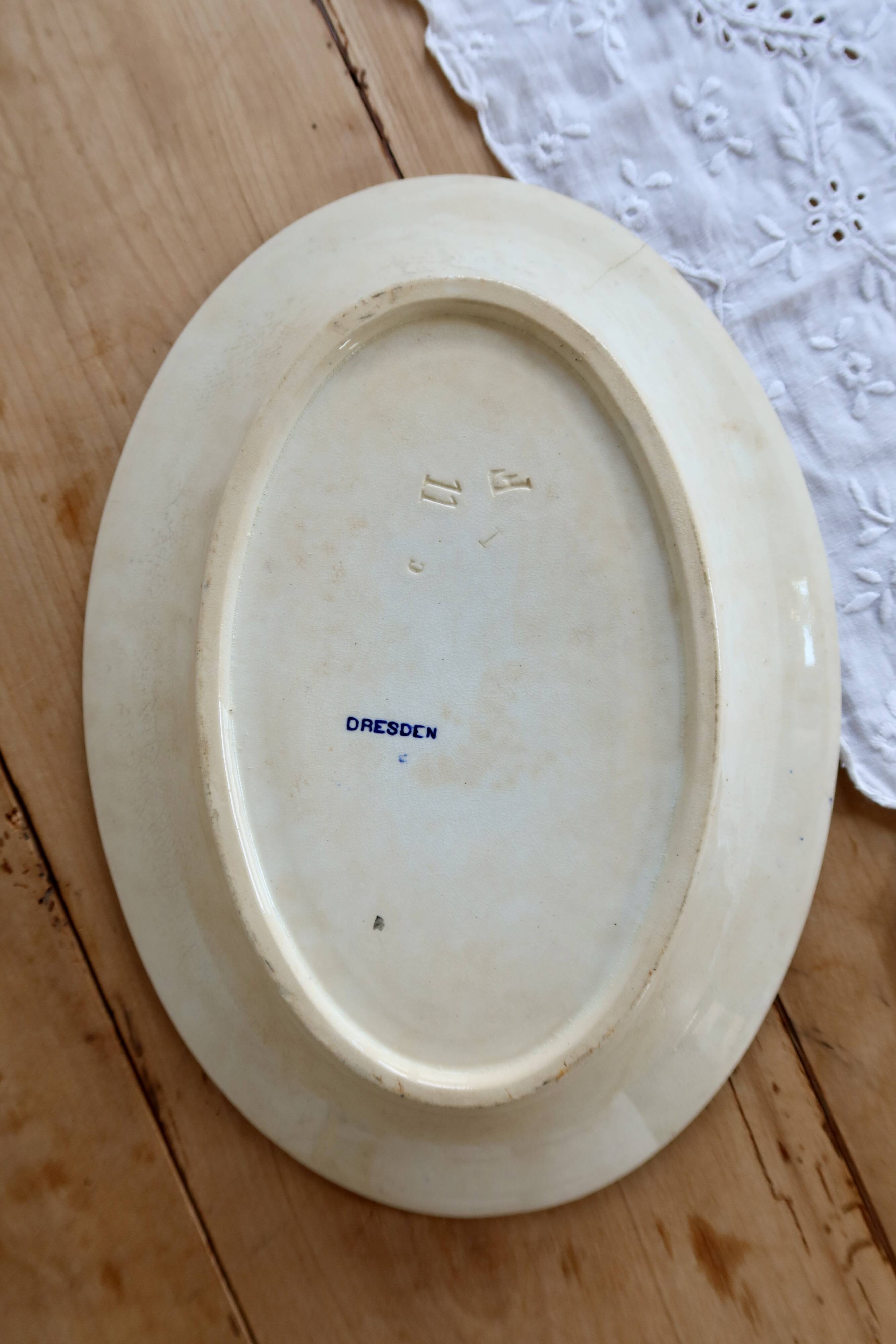 Large oval antique plate, blue and white Dresden porcelain.