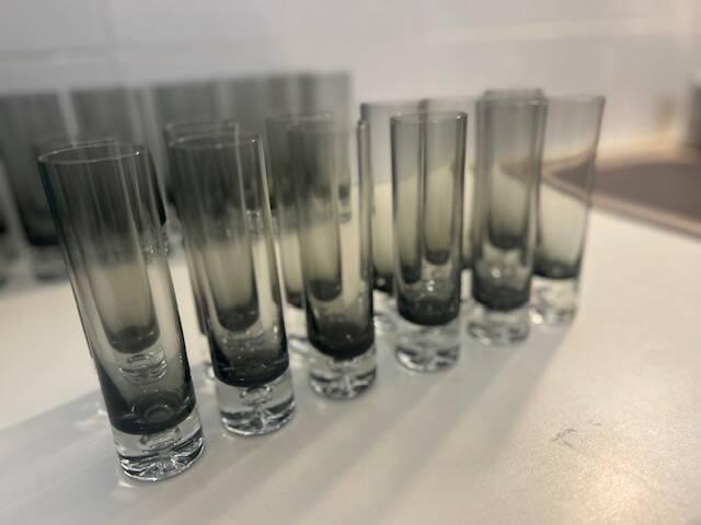 Set of black smoked glasses with large bubbles from the 1970s.