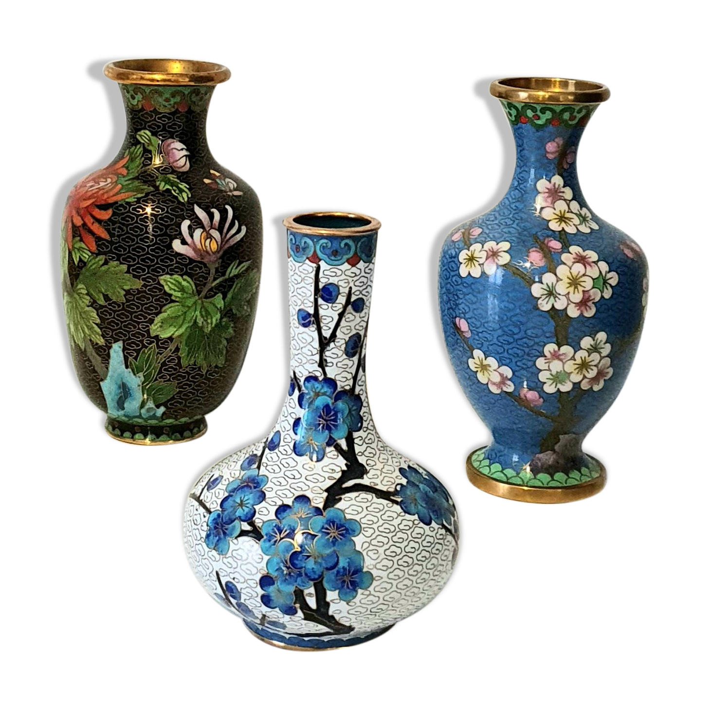 Lot of 3 ancient Chinese vases in bronze emaux partitioned champlevé