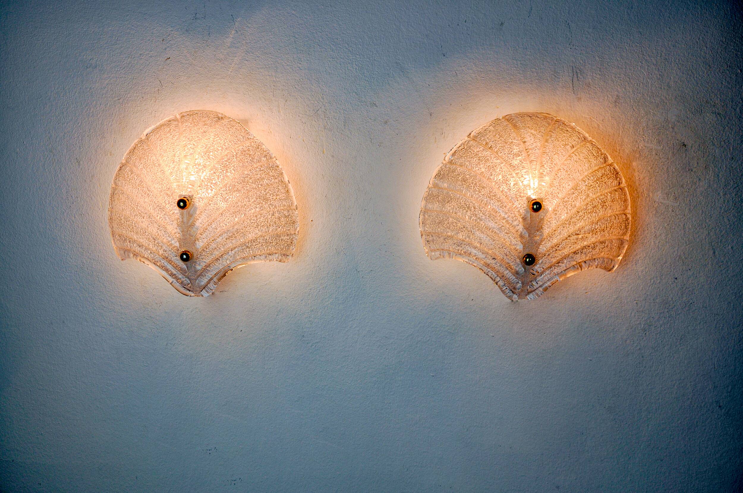 Pair of XL shell wall lights, frosted Murano glass, Italy, 1980