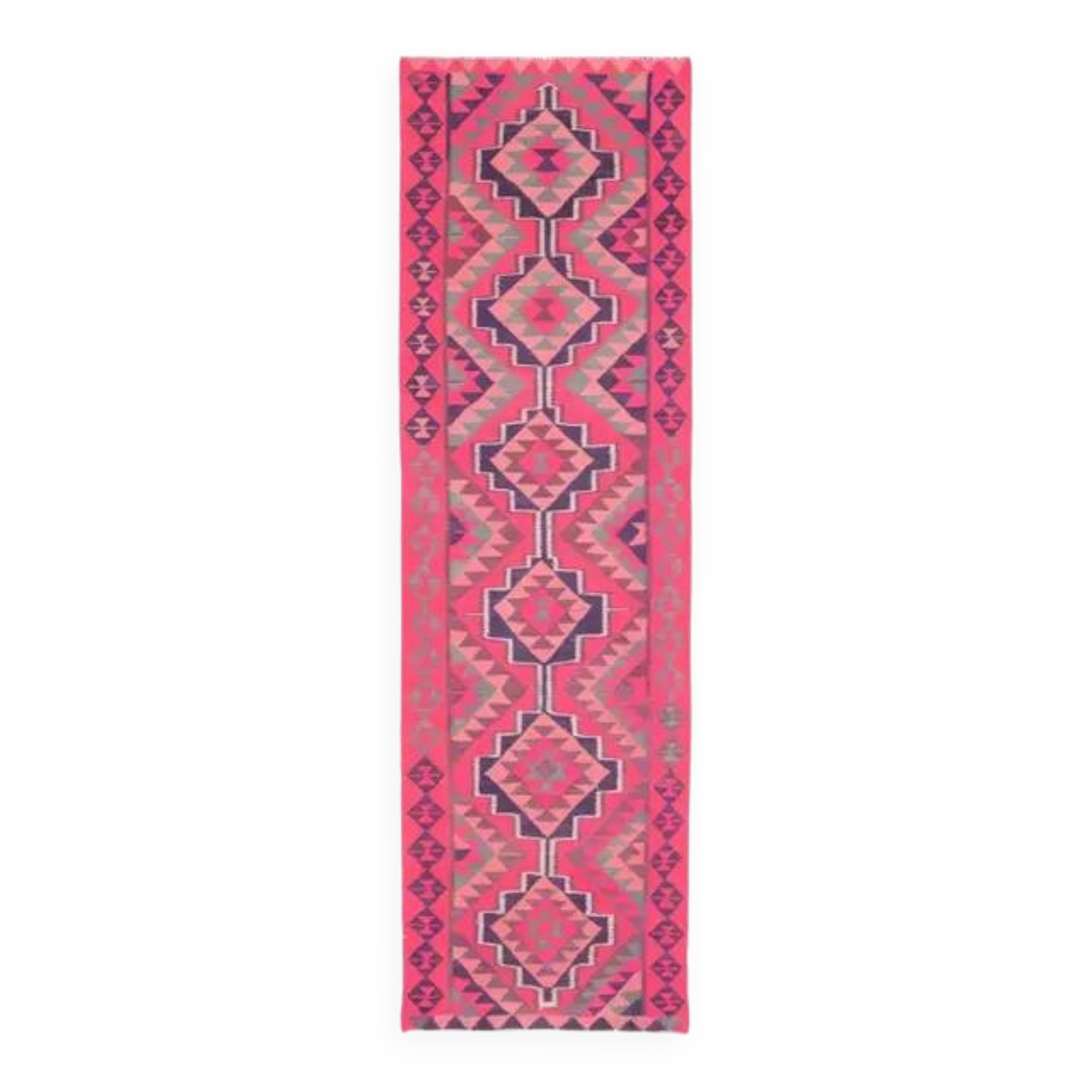 1970s Vintage Turkish Hand-Knotted Wool Cotton Pink Runner Rug 91x312