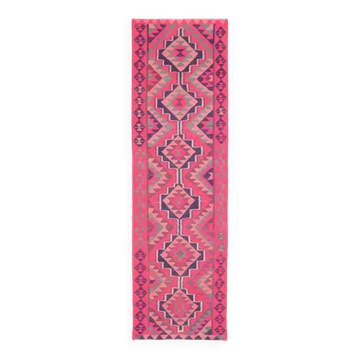 1970s Vintage Turkish Hand-Knotted Wool Cotton Pink Runner Rug 91x312
