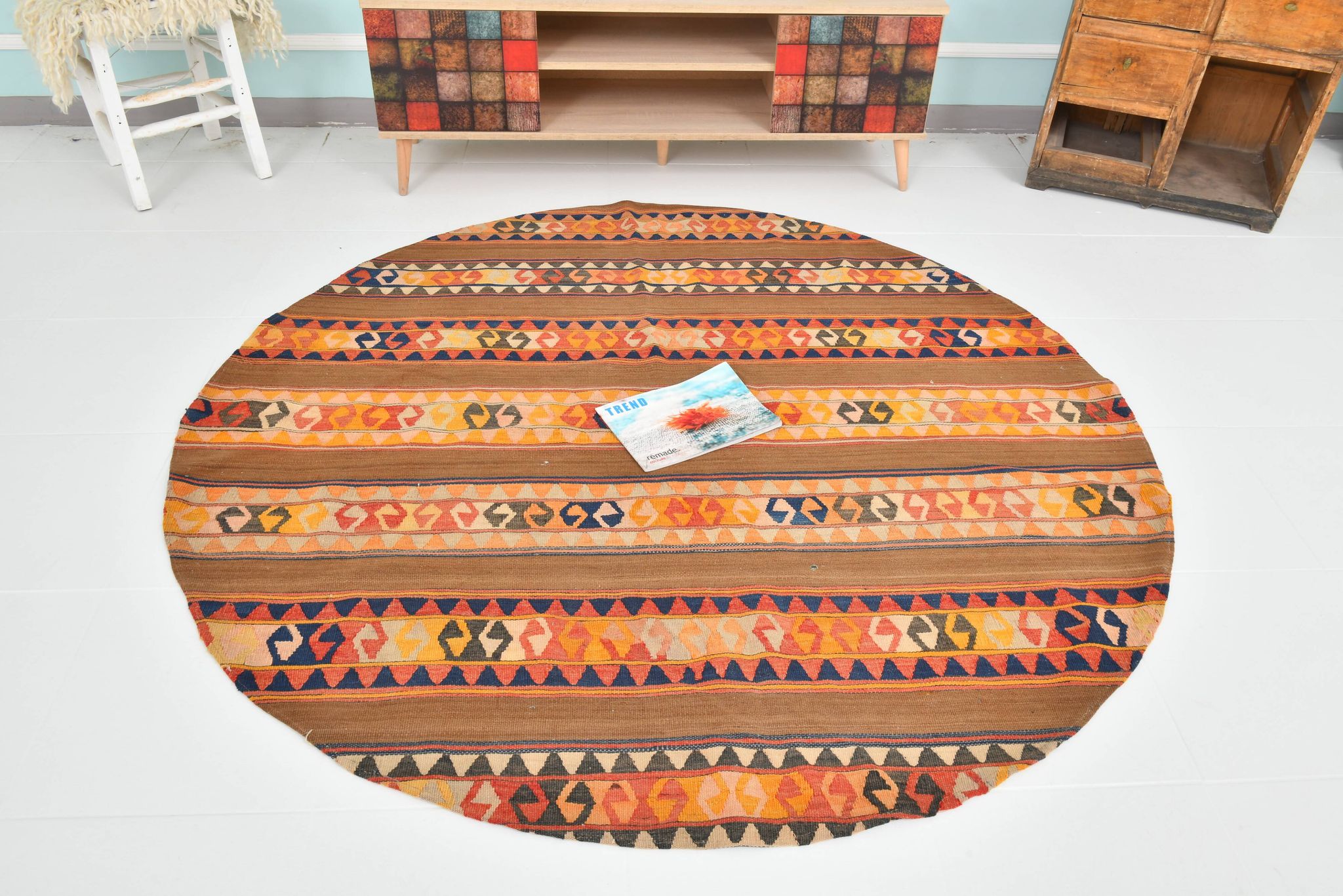 6x6 Orange & Brown Circle Striped Pattern Kilim Area Rug, 183x183Cm