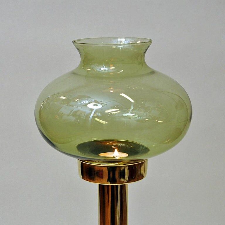 Norwegian Tall Odel Brass Candleholder with green shade 1960s