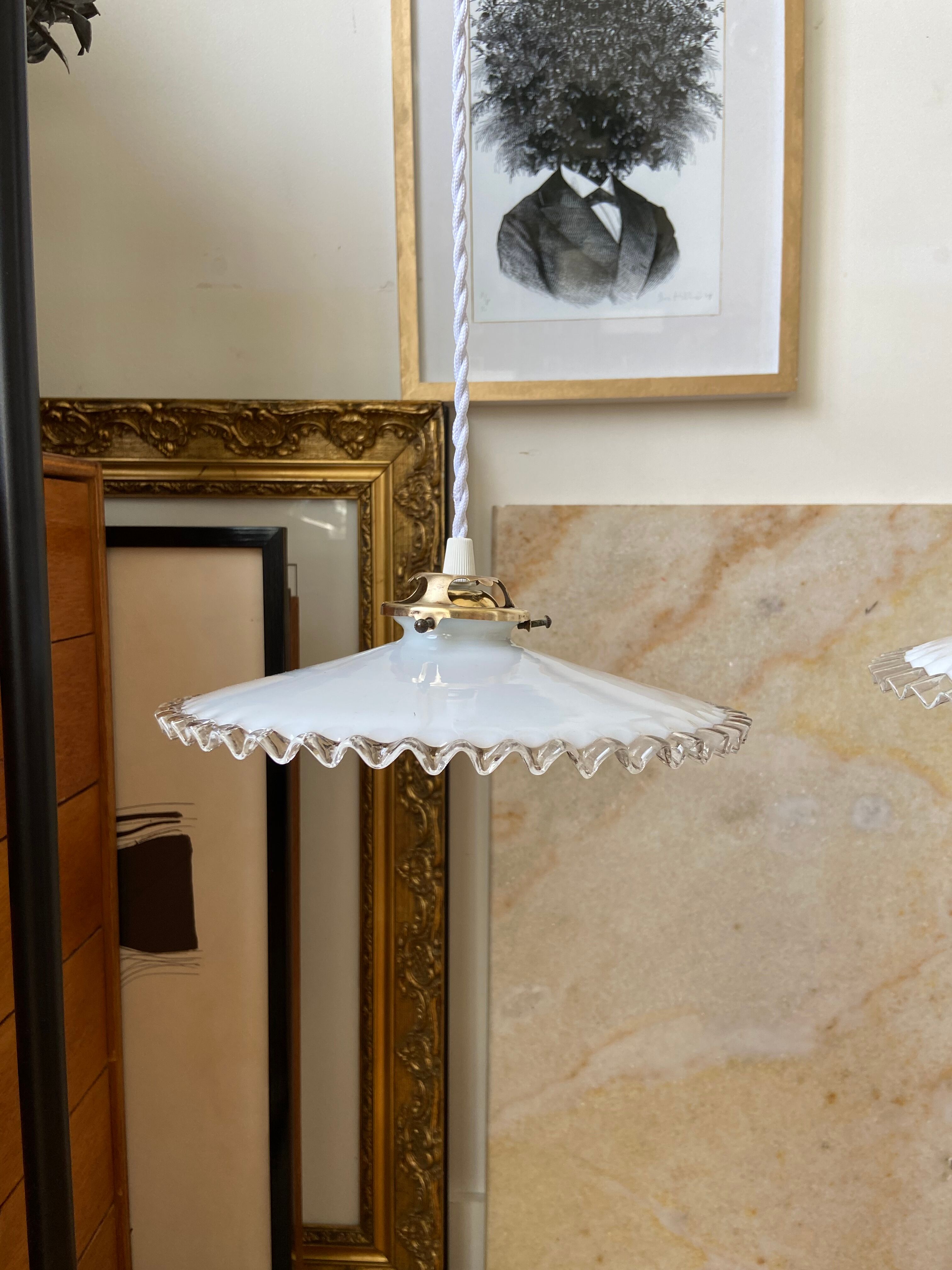 Pair of white glass hanging lamps