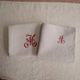 Set of 2 linen tea towels, red embroidery, monogram M