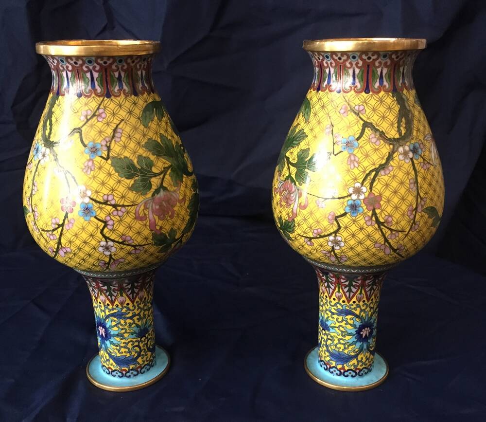 Pair of cloisonne enamel vases with japanese floral decor