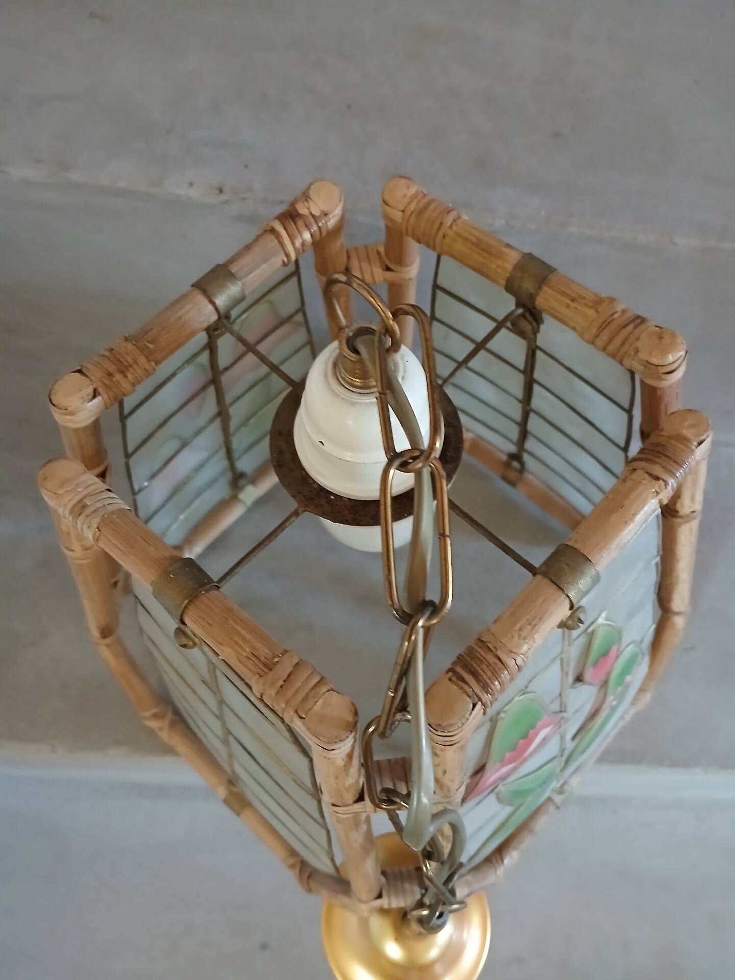 Suspension vintage rotin et nacre