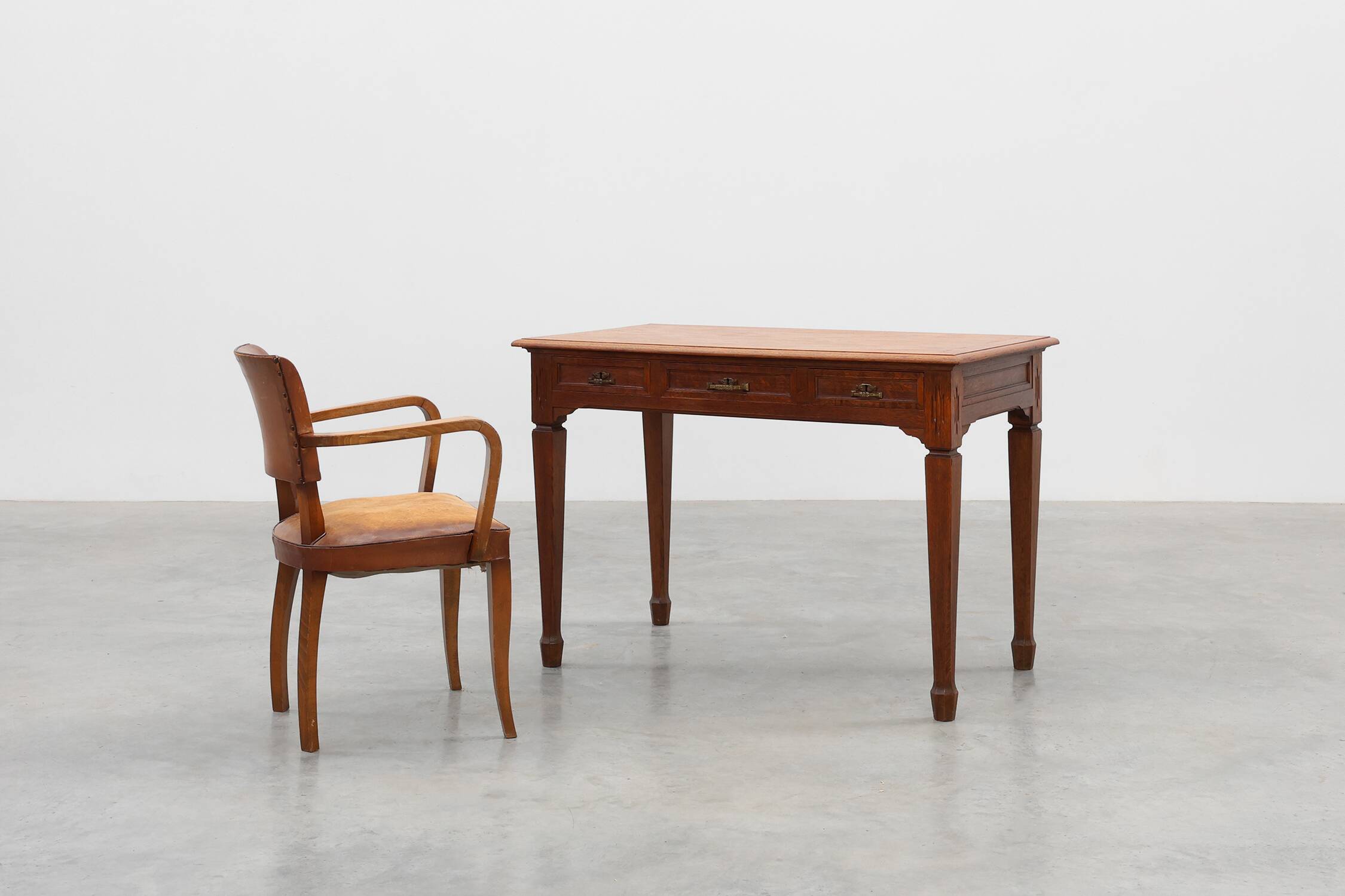 Art Deco carved oak Desk or Table with copper details, Belgium 1920s