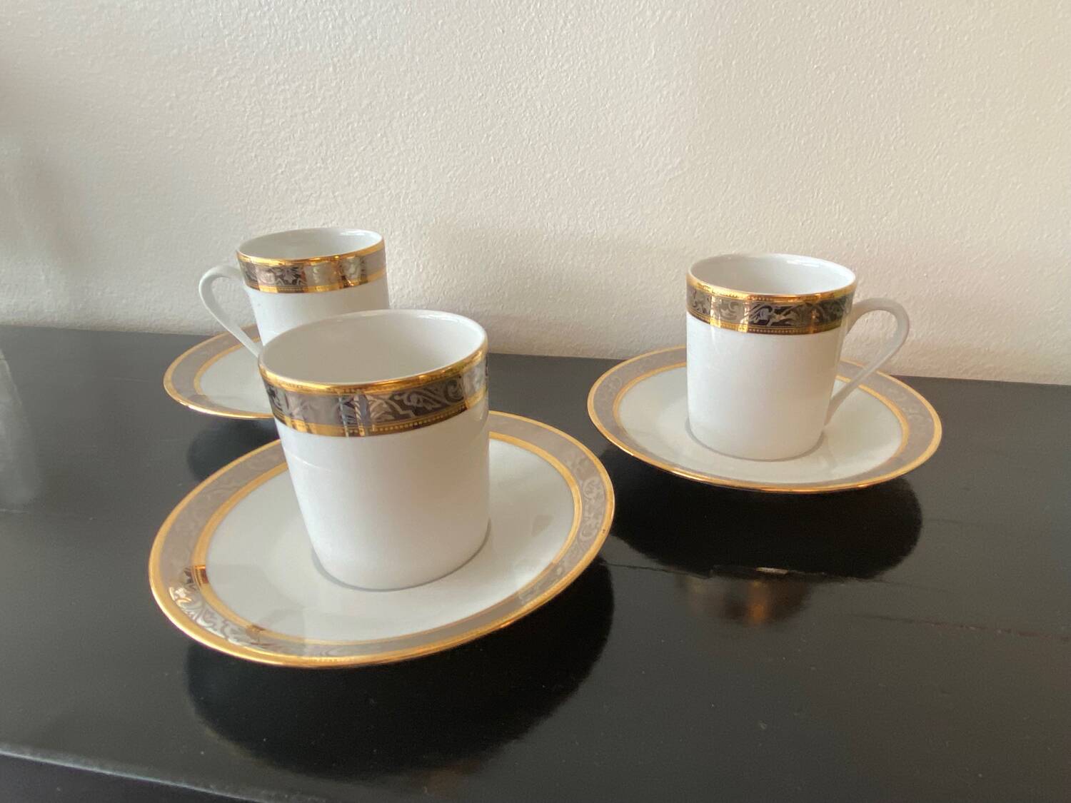 Trio of Limoges Sologne Porcelain Cups and Saucers