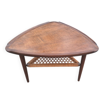 Walnut And Woven Cane Guitar Pick Coffee Table For Selig, Denmark 1960s