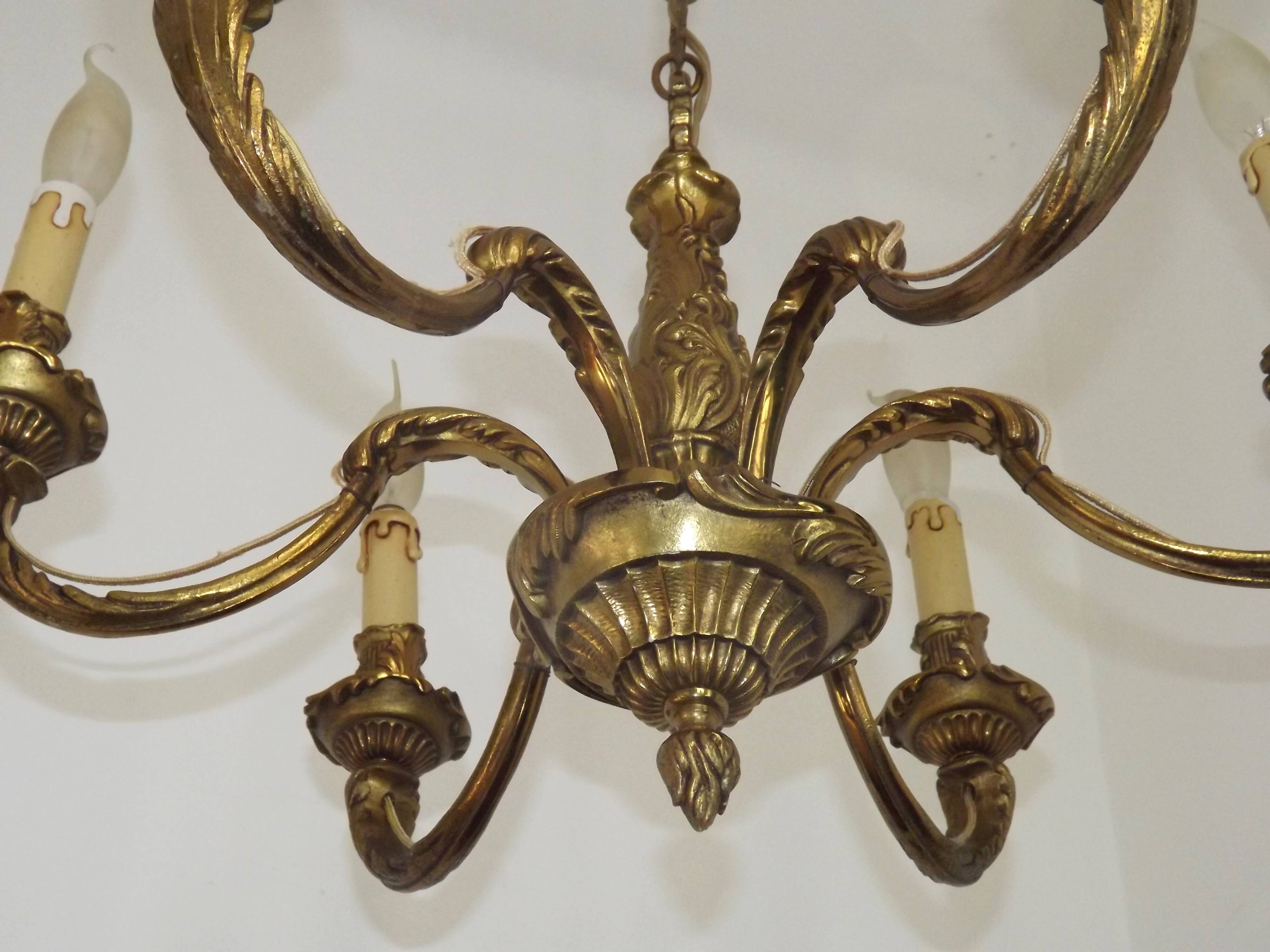French Art Nouveau Bronze 6 Light Chandelier with Scroll Arms and Leaf Details 5583