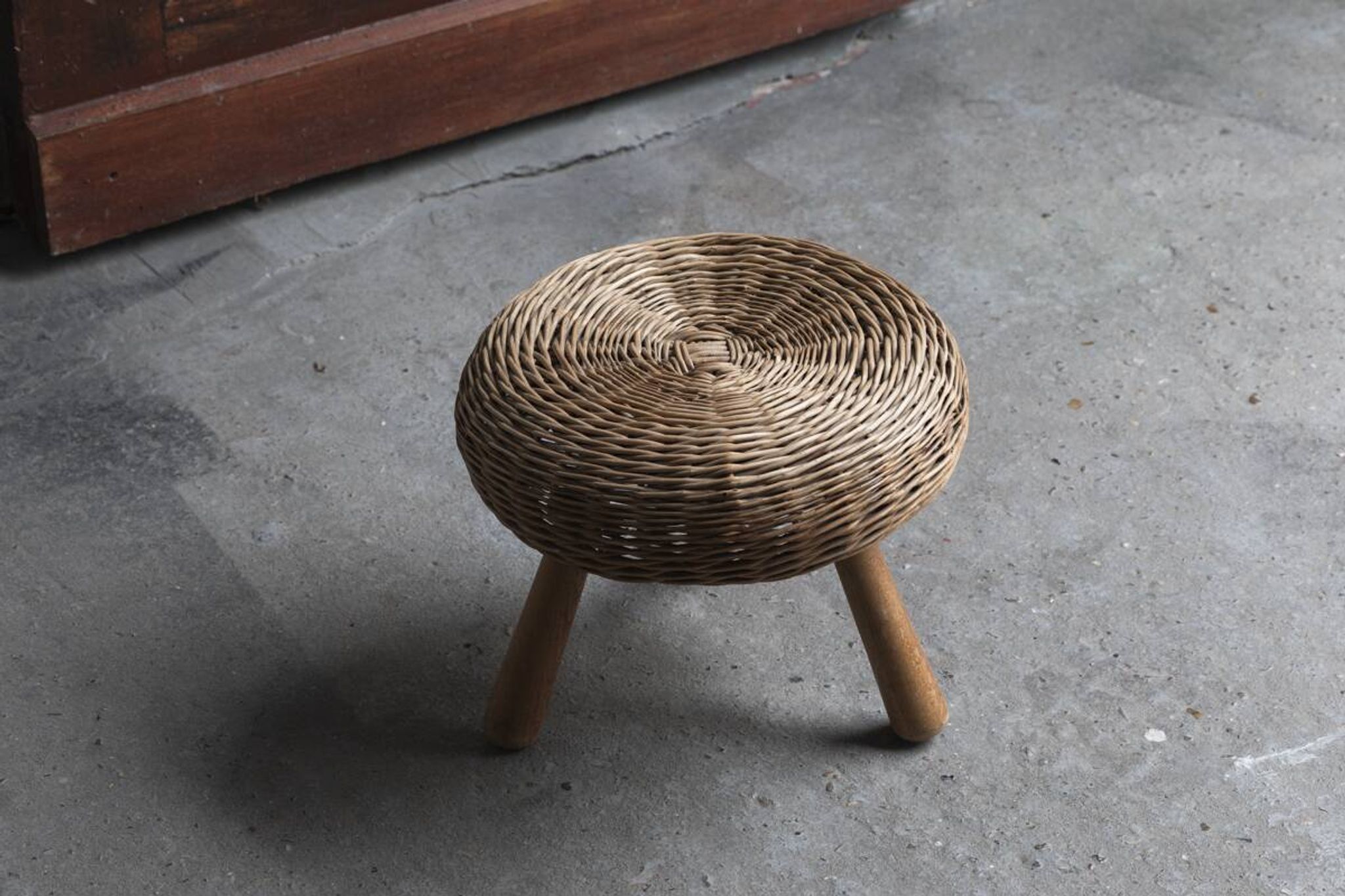 Wicker tripod stool by Tony Paul, 1950s, USA
