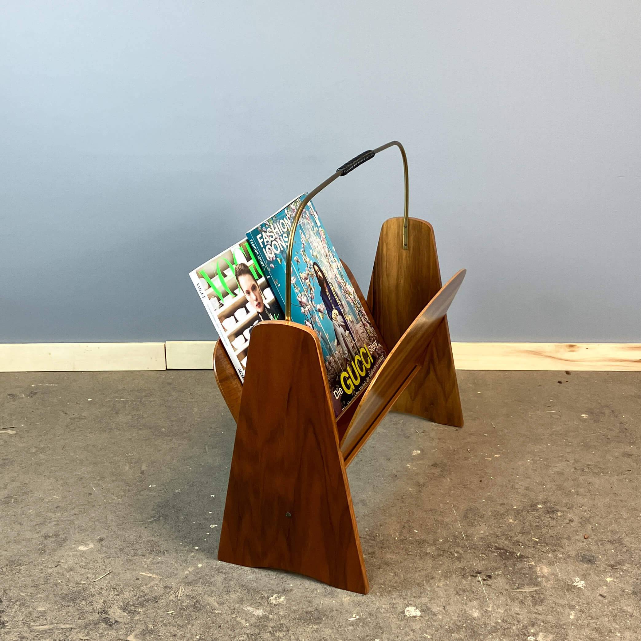 Newspaper rack, walnut with brass, 1960s