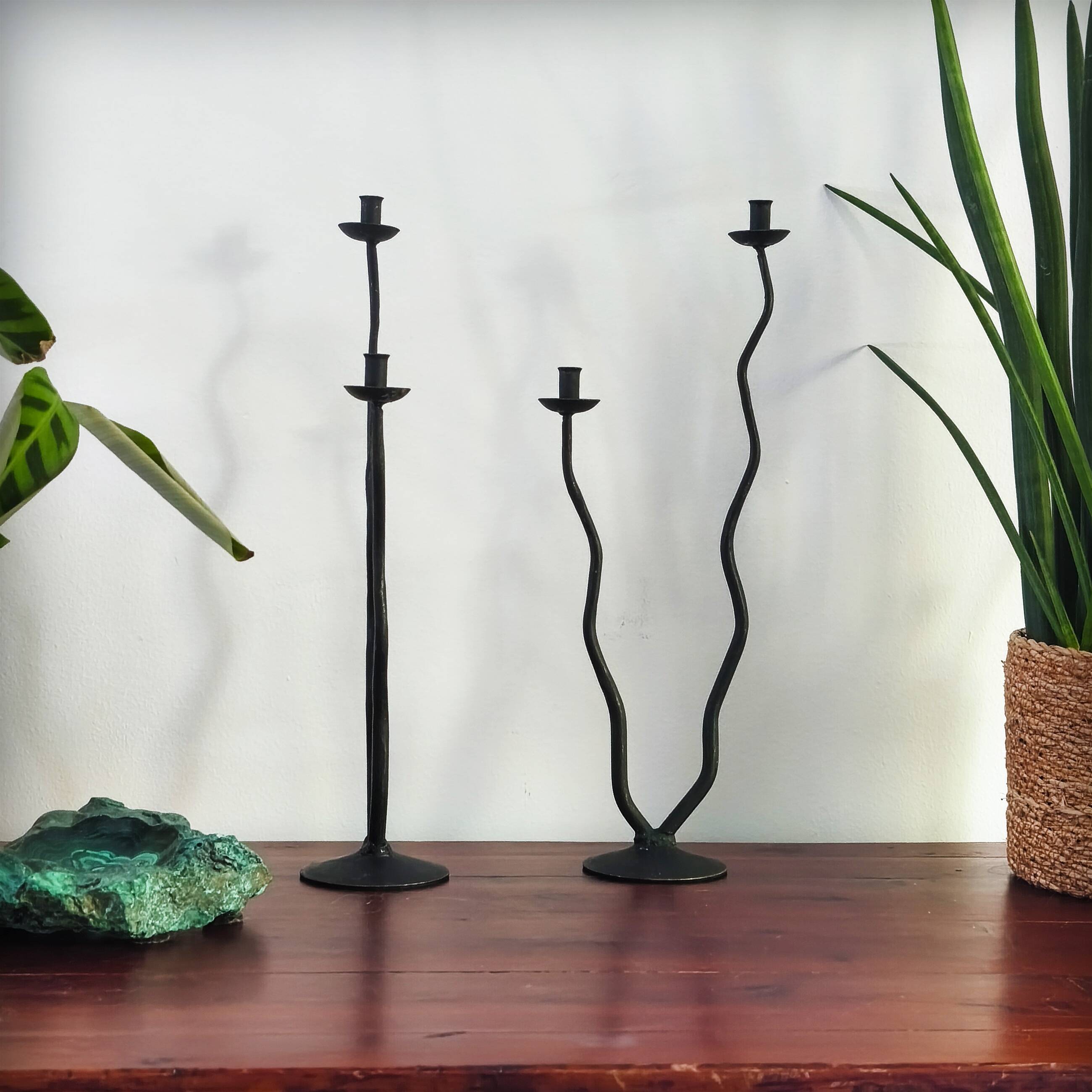 Pair of postmodern brutalist candlesticks in wrought iron, France, 1980s