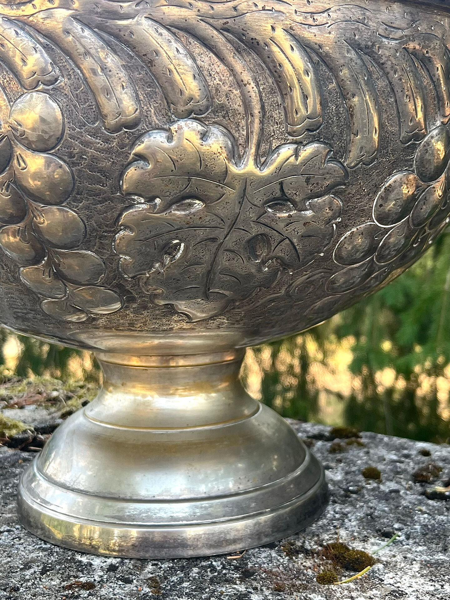 Large silver plated champagne cooler bowl on pedestal with grape