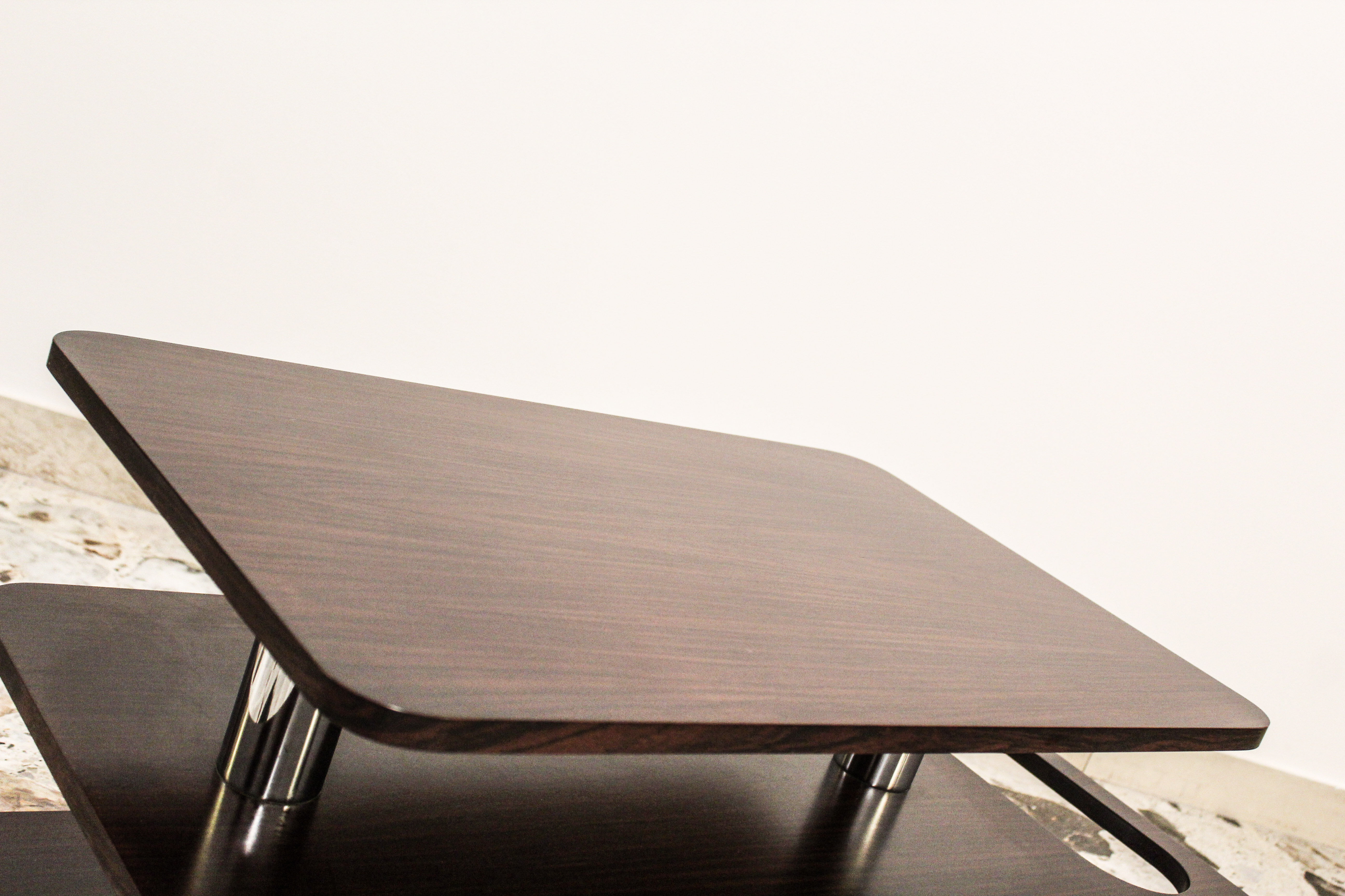 Coffee Table-Bar low laminate rosewood and chromed metal, Italy 70's