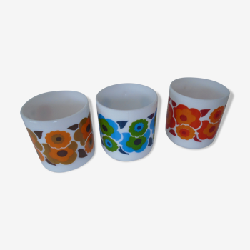 3 mugs fleurs lotus bleu orange rouge arcopal vintage