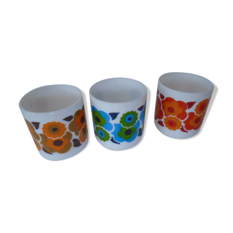 3 mugs fleurs lotus bleu orange rouge arcopal vintage