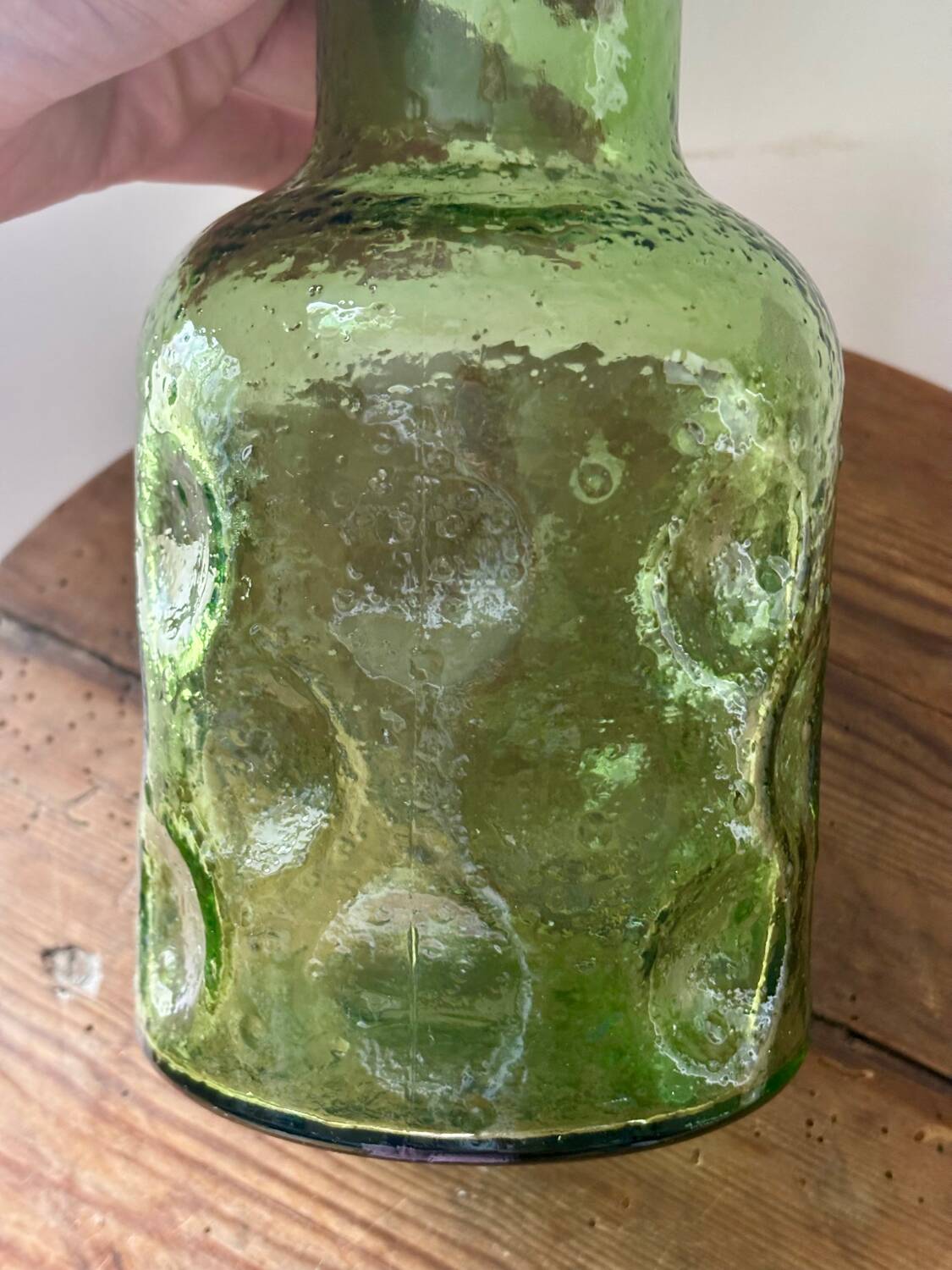 Vintage beautiful green thick honeycomb glass carafe bottle