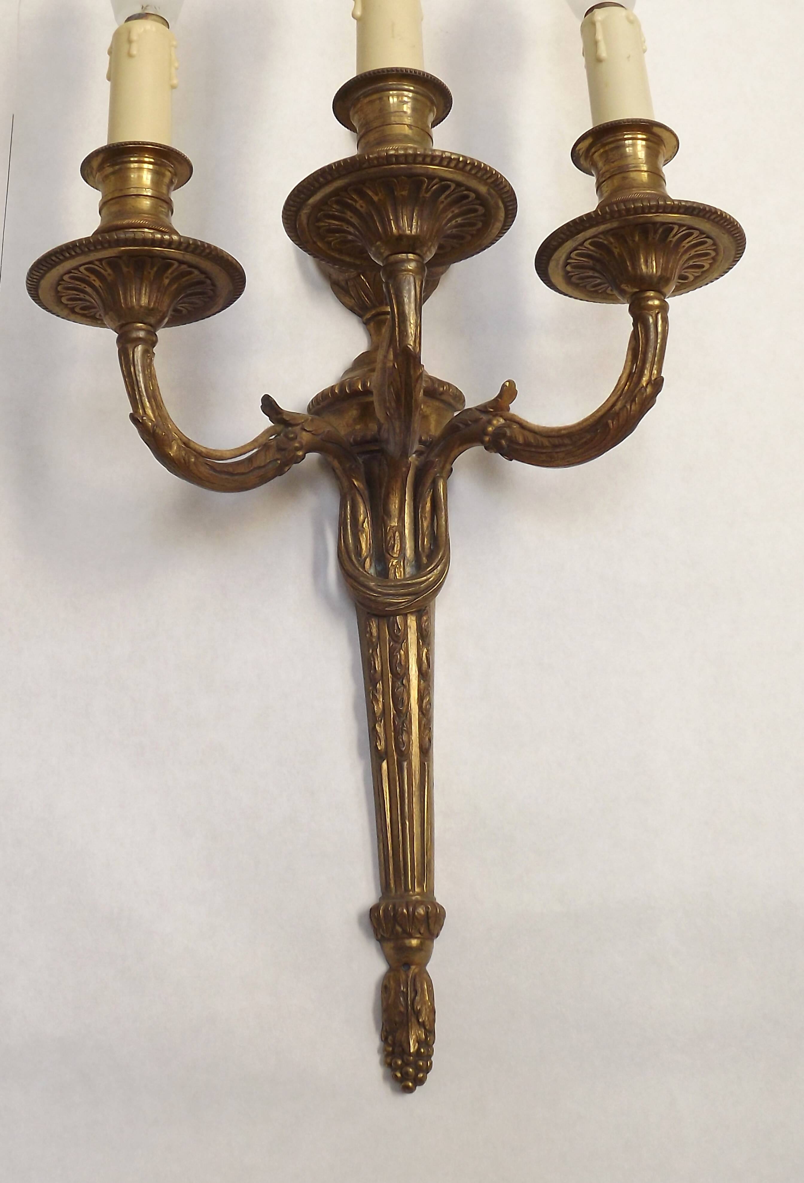 Magnificent Pair French Antique Bronze Triple Wall Lights Urn & Swag Detail