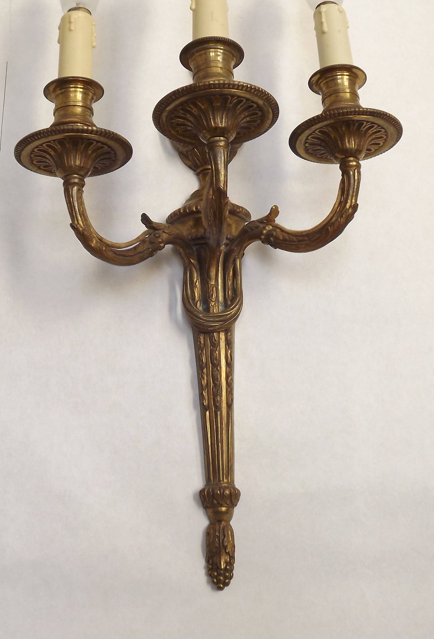 Magnificent Pair French Antique Bronze Triple Wall Lights Urn & Swag Detail