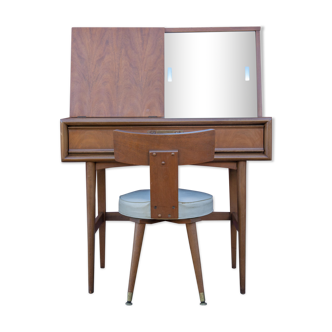 Meuble coiffeuse et son fauteuil pivotant, meuble scandinave, bureau, console, années 50