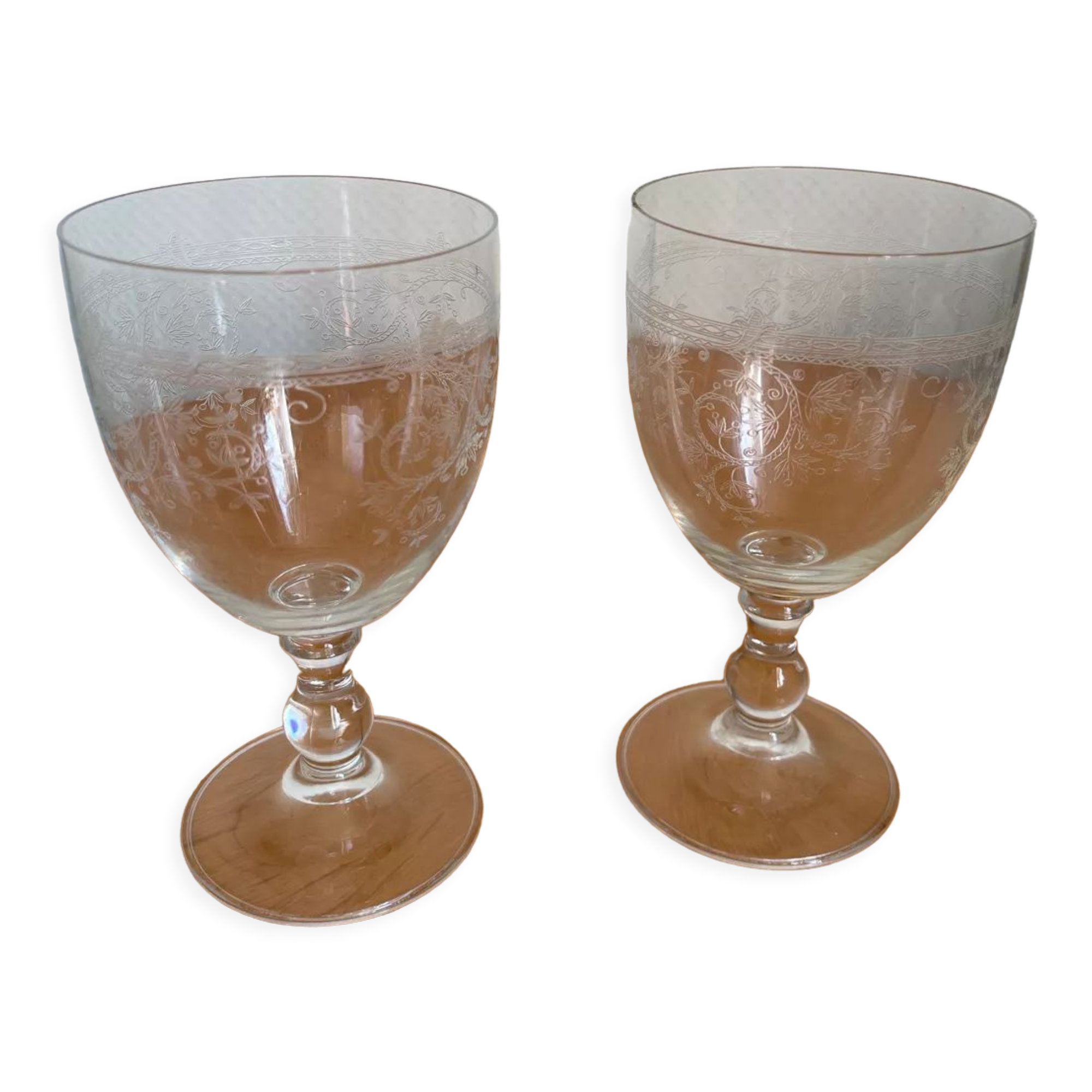 Set of two engraved glass wine glasses