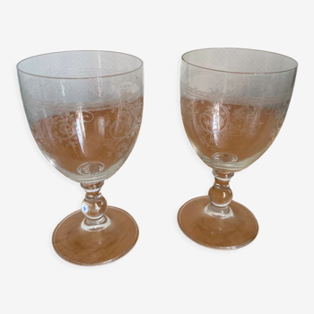 Set of two engraved glass wine glasses
