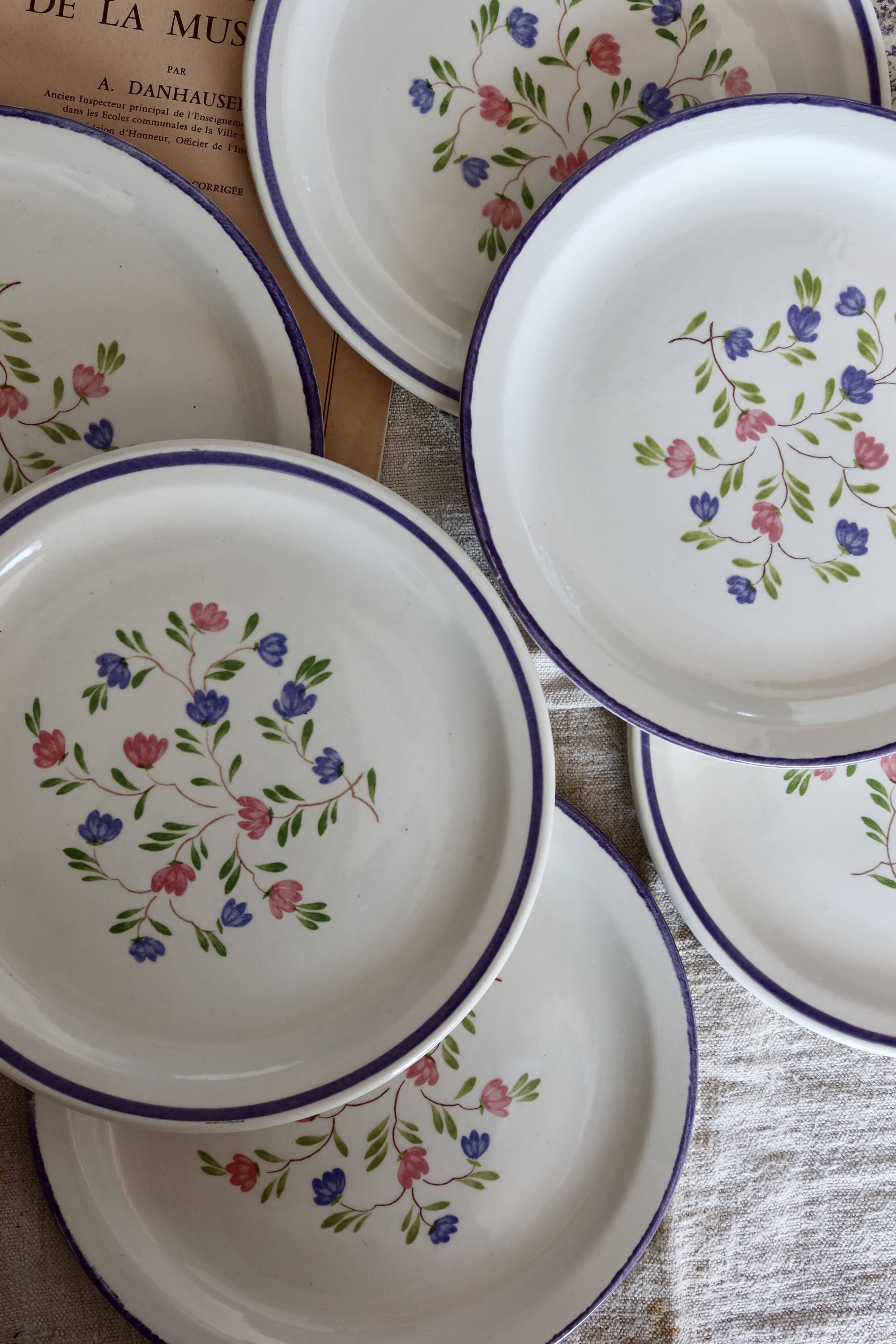 6 vintage porcelain dessert plates Moulin des Loups lilac floral pattern