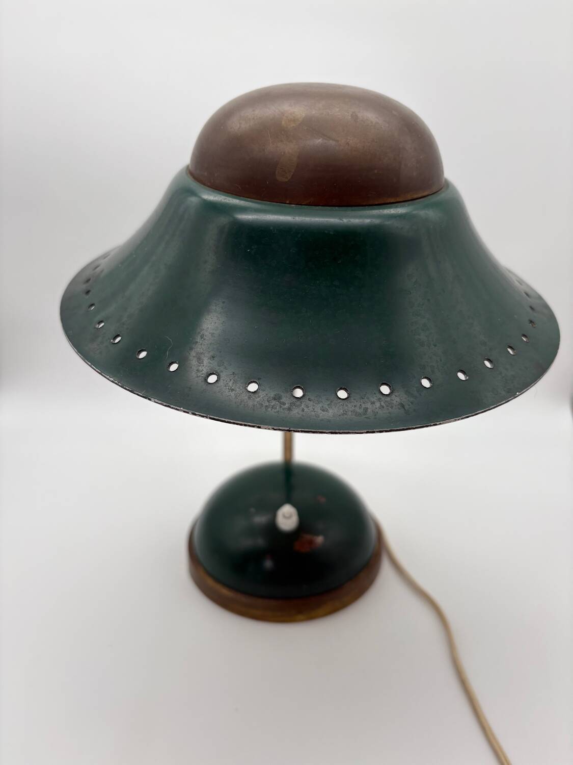 1960s cocotte desk lamp, green and brass, table lamp