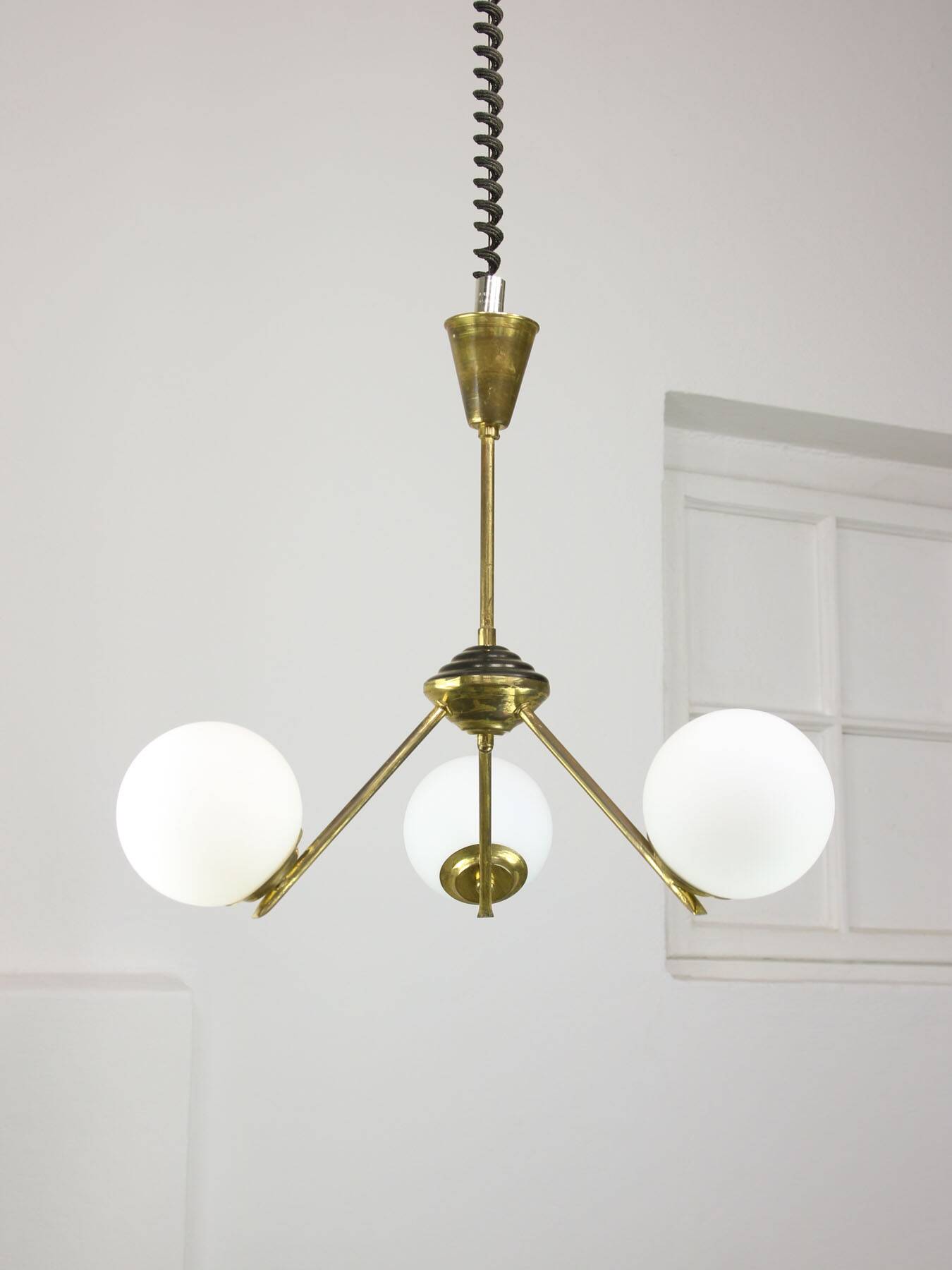 Art Deco Italian Brass and Opaline Chandelier