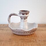 Ceramic Candlestick Holder, Vintage Studio Pottery, White & Brown Speckled