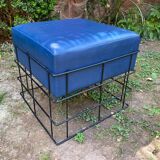 Square stool in black lacquered steel wire and blue leatherette circa 1970