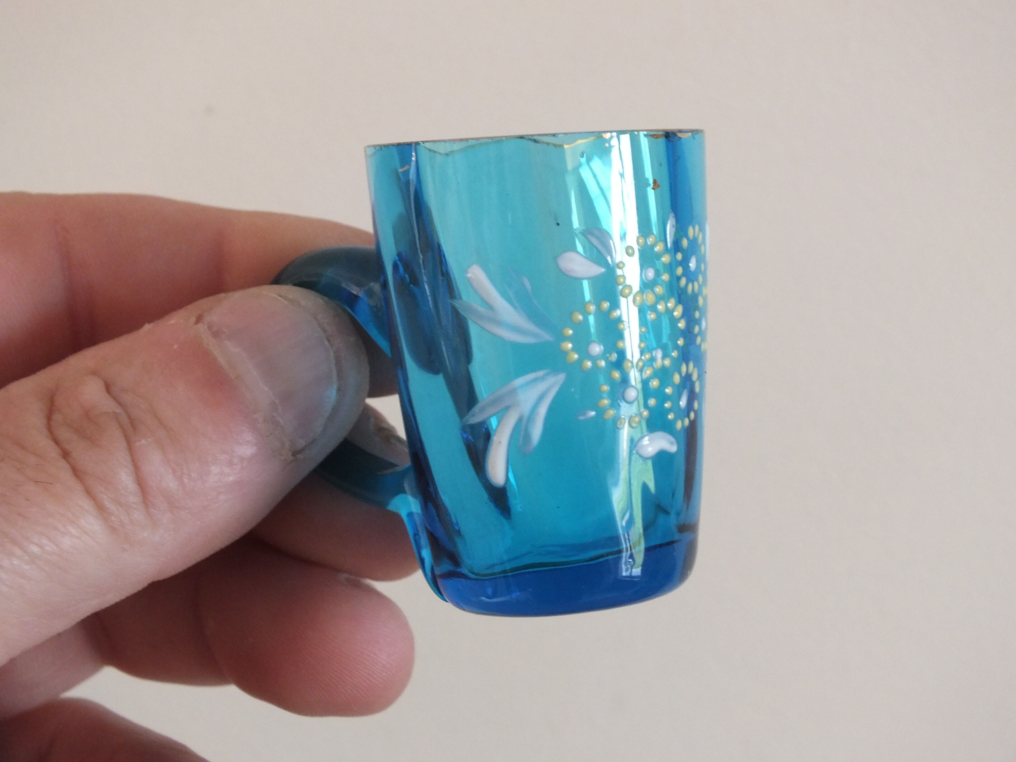 6 antique liquor cups in blue enamelled glass