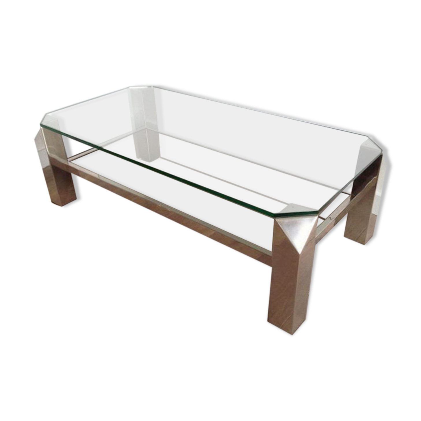 Table basse chromée à plateaux de verre et miroir