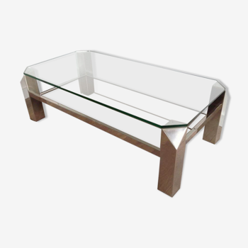 Table basse chromée à plateaux de verre et miroir