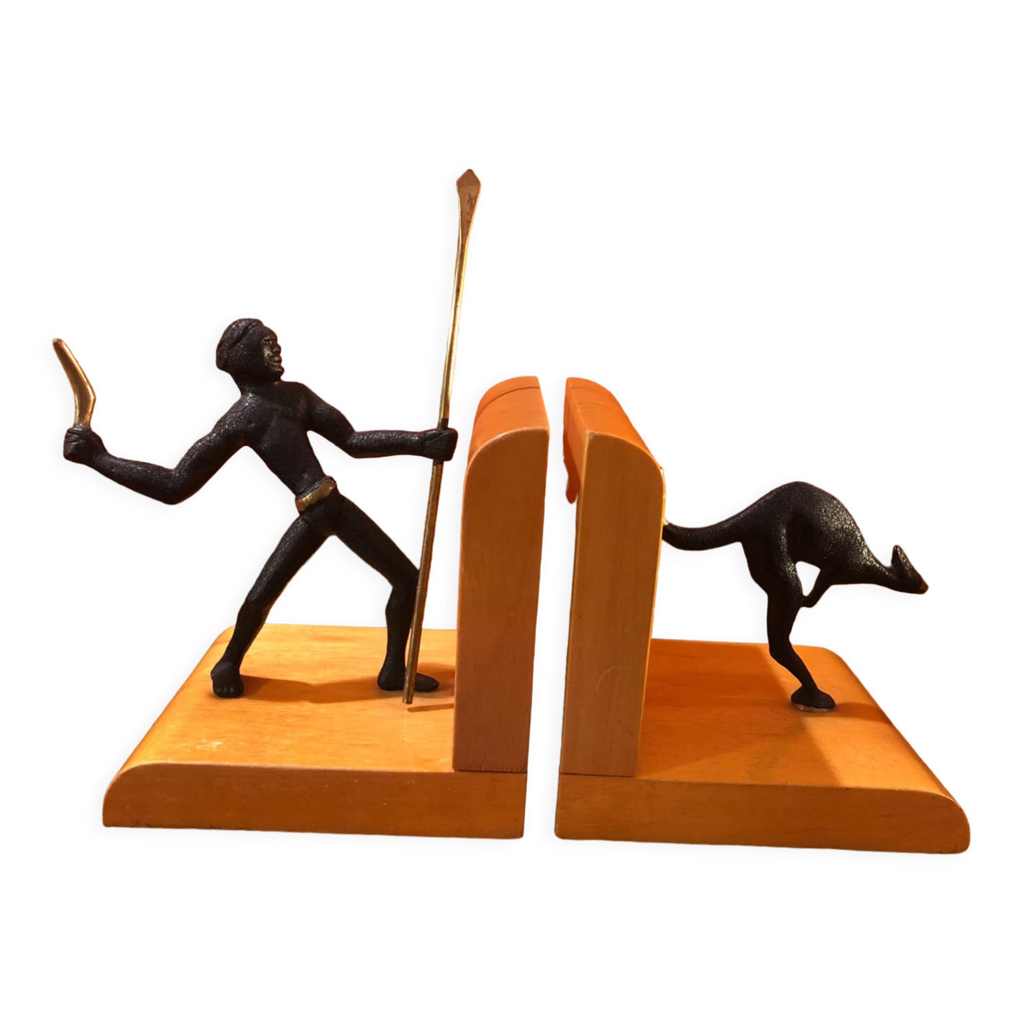 Art Deco bronze and sycamore bookends pair