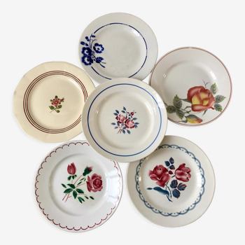 Lot de 6 assiettes plates Digoin Sarreguemines ("Armelle", "Maréchale Niel", "Cannes") et Salins ("G