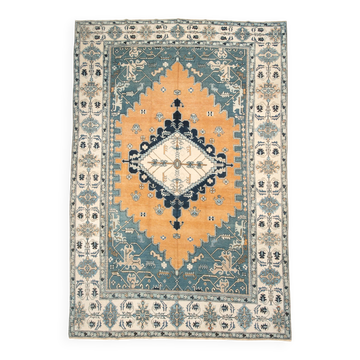 Tapis persan vintage grand bleu et pêche, fait main en laine, décor rustique, 348x495.