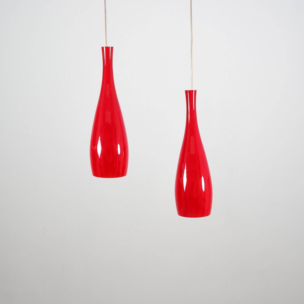 Set of 2 red „Bang“ opal glass pendant lamps by Jacob Bang for Fog & Morup