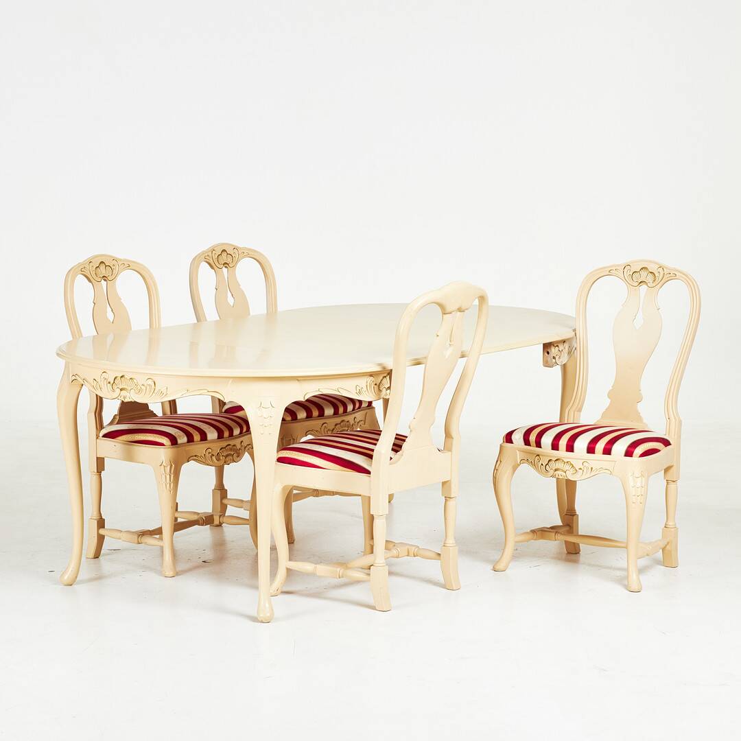 Rococo-Style Dining Group (5 Pieces) — Cut Décor & Gilt Details — 20th Cent