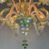 Venetian chandelier in colorless and green Murano glass, 6 light arms circa 1940
