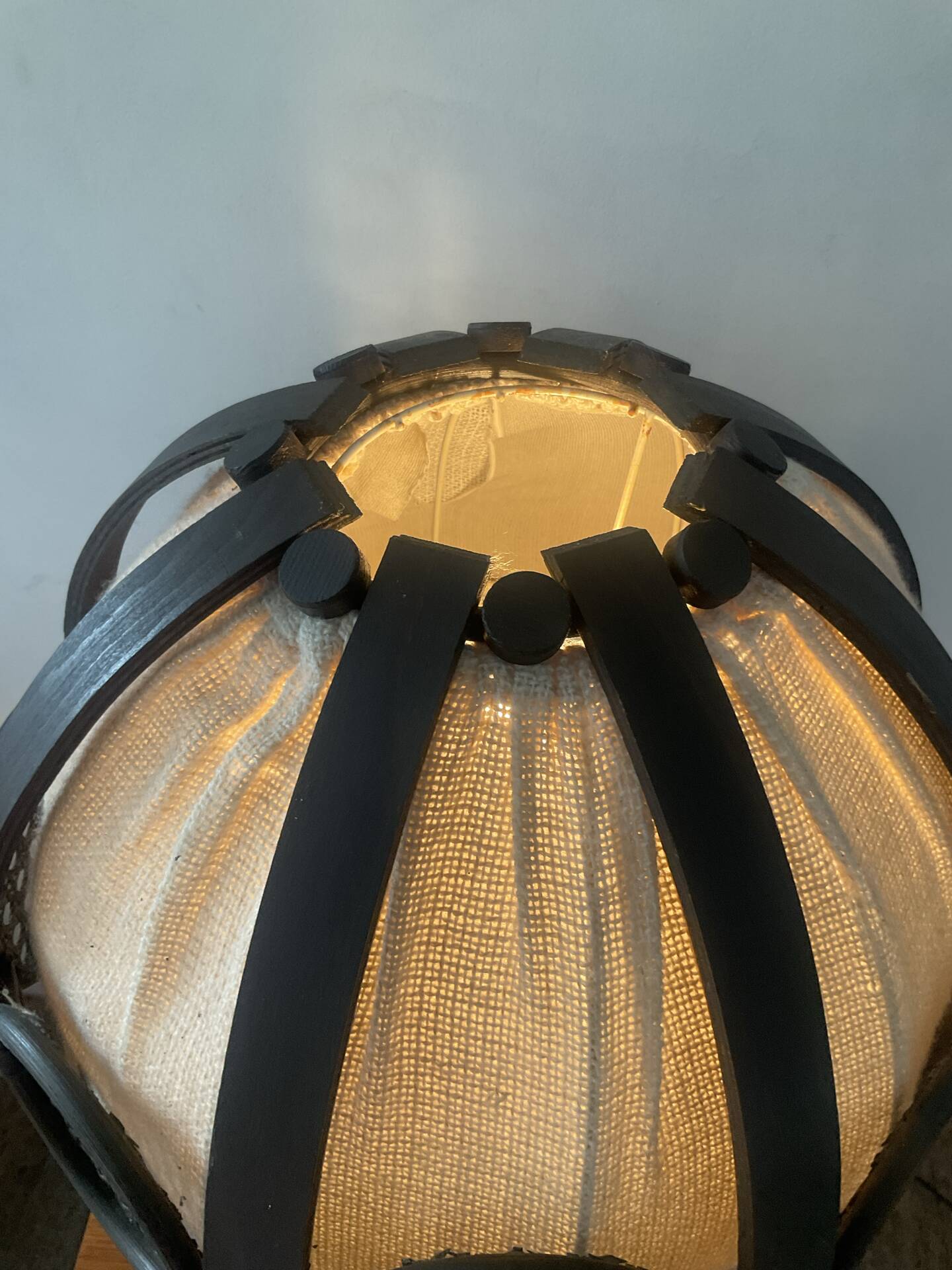 Vintage lamp in rattan, caning and jute fabric from the 1970s.
