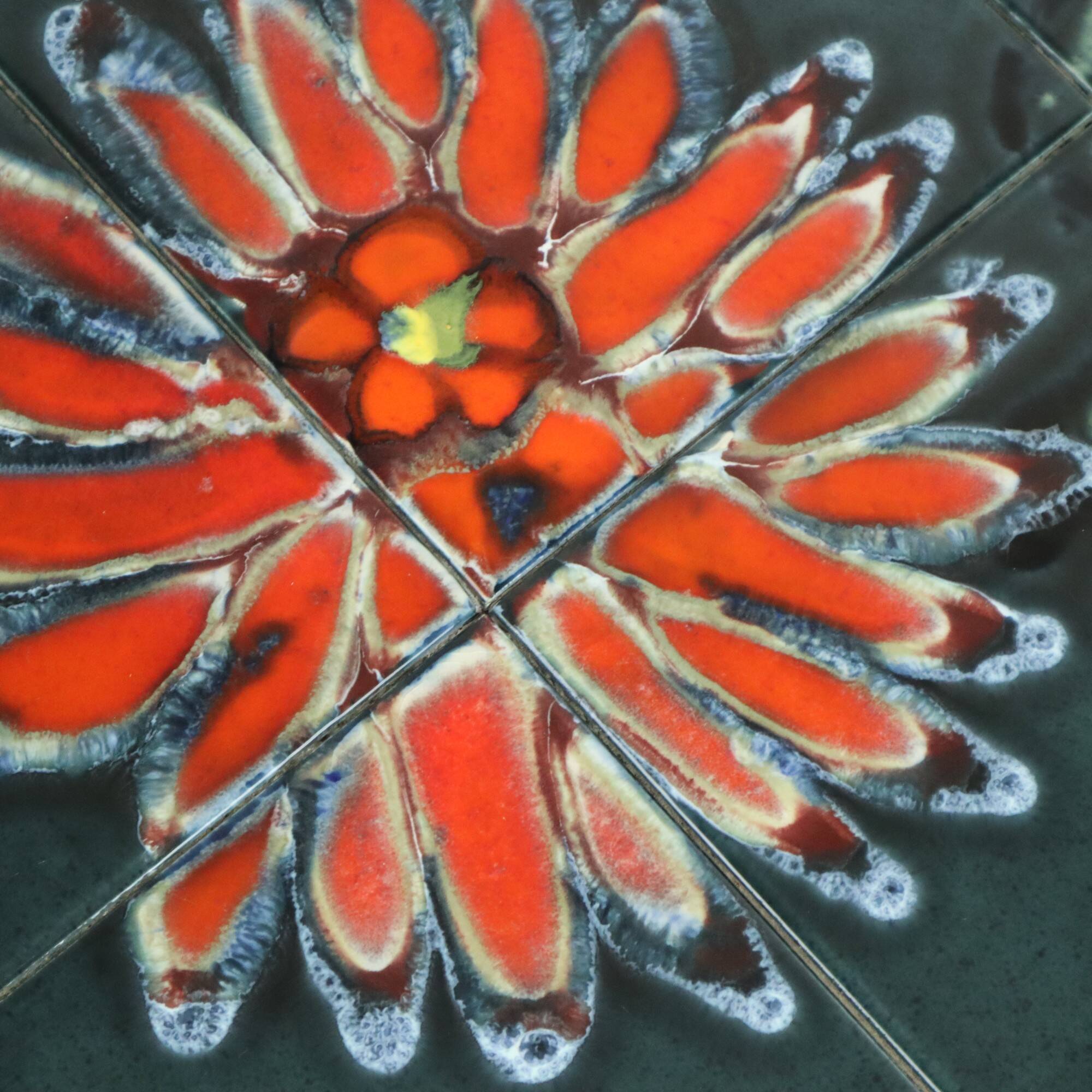 Small Ceramic Tile Table Adri Design Orange Abstract Flower 47cm