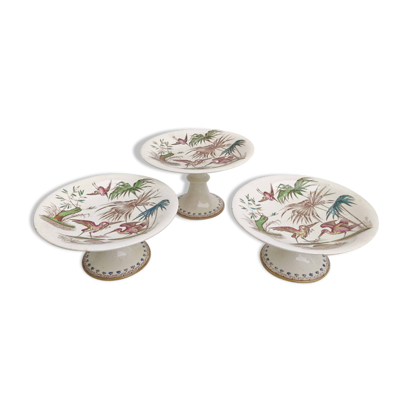 Trois compotiers porcelaine décor héron et bambou